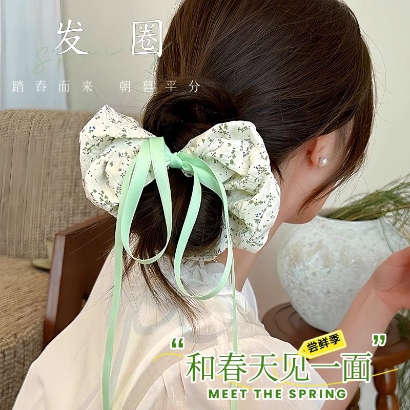 新款春夏豆沙绿色清新碎花大肠发圈纯棉蝴蝶结织带少女发绳头饰女