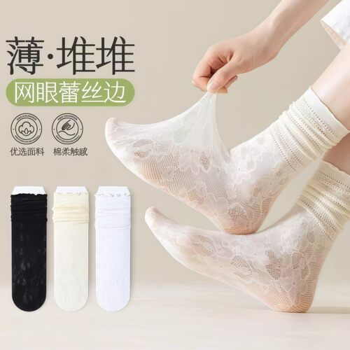 春夏季镂空白色薄款堆堆袜子夏季镂空花边配小皮鞋防臭jk中筒蕾丝