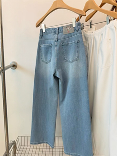 GM60088花瓶标刺绣牛仔裤 春高腰直筒四面弹小个子百搭 显瘦法棍裤