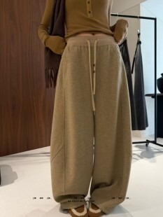 喜大东3R367305秋冬款高腰百搭毛呢弯刀长裤女宽松阔腿抽绳休闲裤