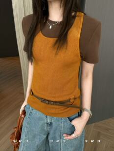 T恤圆领短袖 3R3秋季 新款 休闲百搭撞色假两件针织衫 上衣女2025 修身