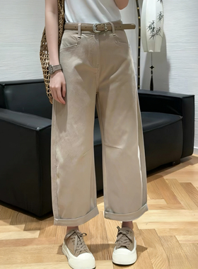 千子QZ66559韩国春季新款腰带款后两口袋简约风显瘦九分直筒裤女