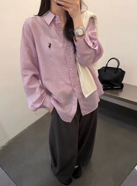 QIANBEISI韩系夏季小马标刺绣苎麻衬衫女长袖宽松防晒上衣1051QBS