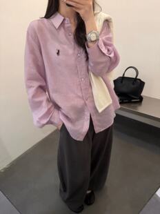 女长袖 宽松防晒上衣1051QBS 小马标刺绣苎麻衬衫 QIANBEISI韩系夏季