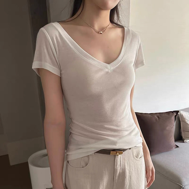 BLUEPOPS2026夏季新款纯色基础百搭微透V领天丝短袖面膜T恤女M156