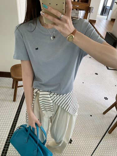 韩国小马刺绣天丝羊毛显瘦短袖T恤打底衫2026夏季新款圆领半袖女