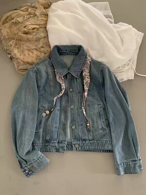BUFAN布凡33036新款韩版翻领排扣复古休闲洗水牛仔短外套配丝巾女