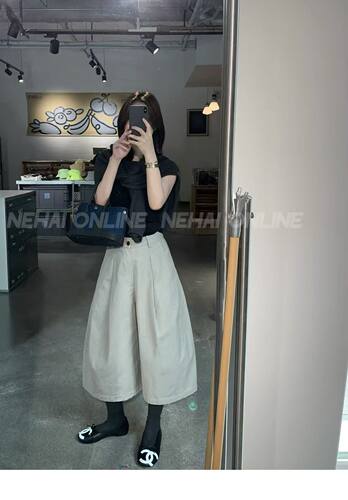 韩货2026秋冬新款质感重工水洗高腰一粒扣阔腿七分裤中裤女M8175
