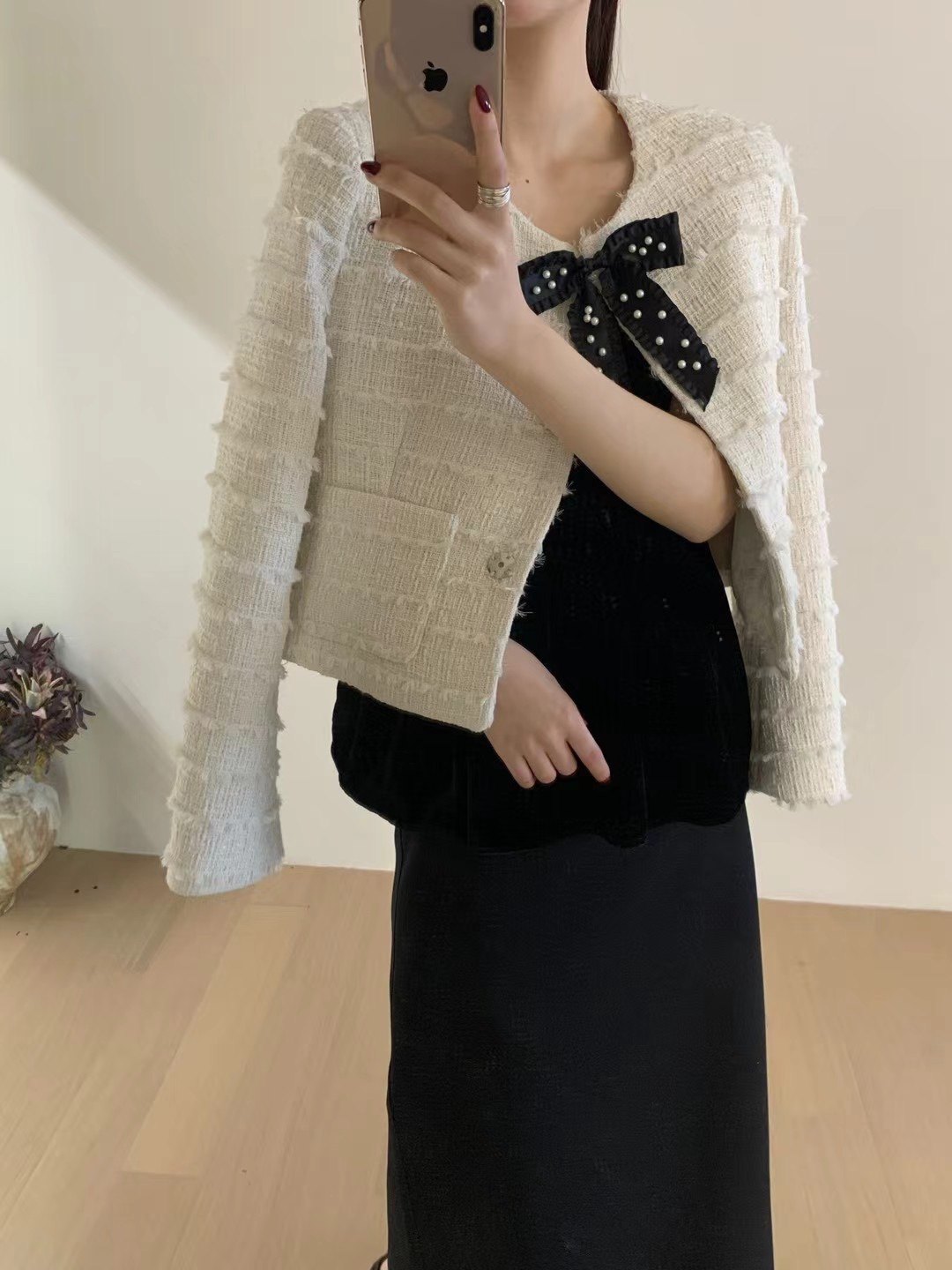 卡蔓诗kamanshi2065春蝴蝶结设计感圆领小香风外套女气质名媛上衣