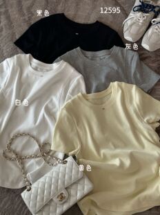 ONE12595韩国设计感拼接正肩短袖女春夏百搭修身显瘦圆领纯色T恤