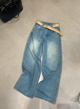 韩国TOP61681烫钻窄版阔腿牛仔裤女2026春新款重工宽松休闲直筒裤