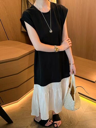 JINSIM撞色拼接飞飞袖直筒连衣裙女2026夏季新款欧货女装A字裙潮