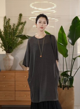 X【叭哒不惑】 半日闲 亚麻宽松圆领基础款中长T恤裙女显瘦百搭