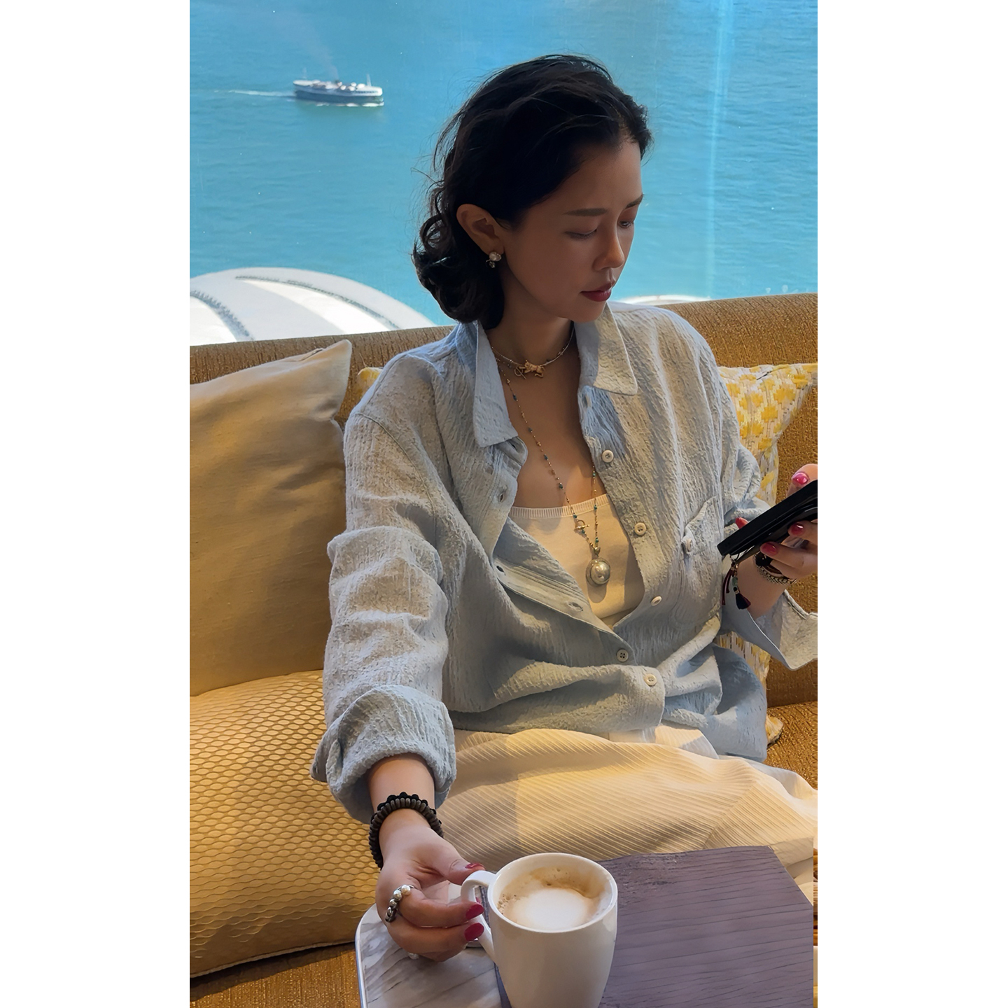 Y【叭哒不惑】呼吸主义 羊毛棉翻领长袖衬衫肌理感休闲纯色上衣