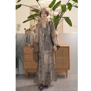 Y【叭哒不惑】空山新雨 顺纡桑蚕丝时尚气质连衣裙复古碎花长裙女