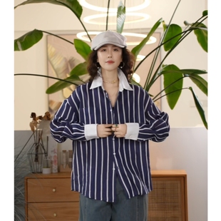 Y【叭哒不惑】告白序曲 亚麻条纹撞色翻领长袖衬衫女休闲百搭上衣