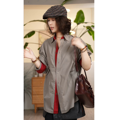 复古翻领格子衬衫百搭上衣