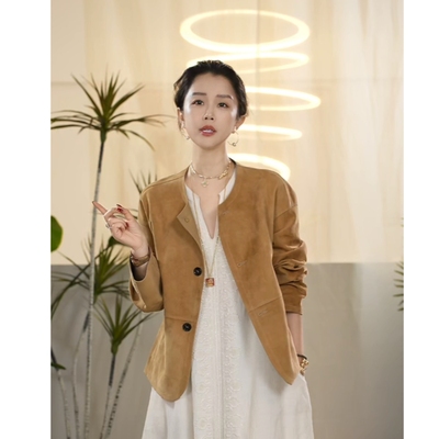 气质百搭简约单排扣皮衣外套