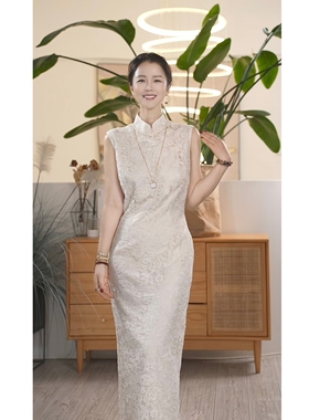 Y【叭哒不惑】珠花落 棉蕾丝复古休闲气质无袖旗袍连衣裙女显瘦