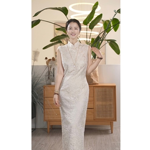 Y【叭哒不惑】珠花落 棉蕾丝复古休闲气质无袖旗袍连衣裙女显瘦