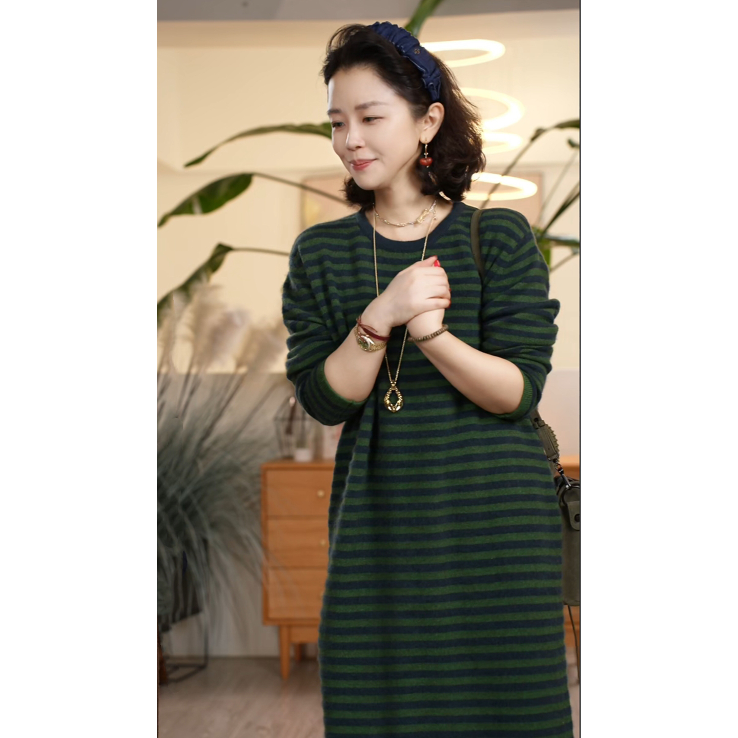 条纹针织长裙女宽松百搭裙子