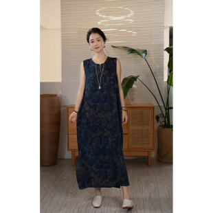 Y【叭哒不惑】靛蓝卷纹 桑蚕丝复古高级感无袖连衣裙女气质裙子