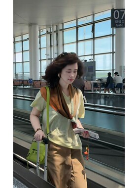 Y【叭哒不惑】亚麻双层毛边V领松弛薄款短袖T恤上衣宽松显瘦