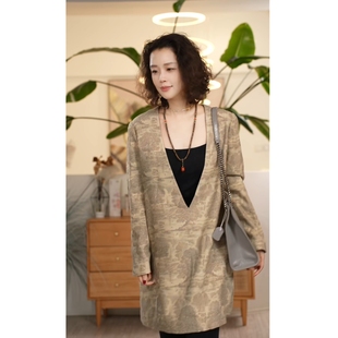 X【叭哒不惑】江山图 柞蚕丝绵羊毛V领中式宽松上衣女气质休闲T恤