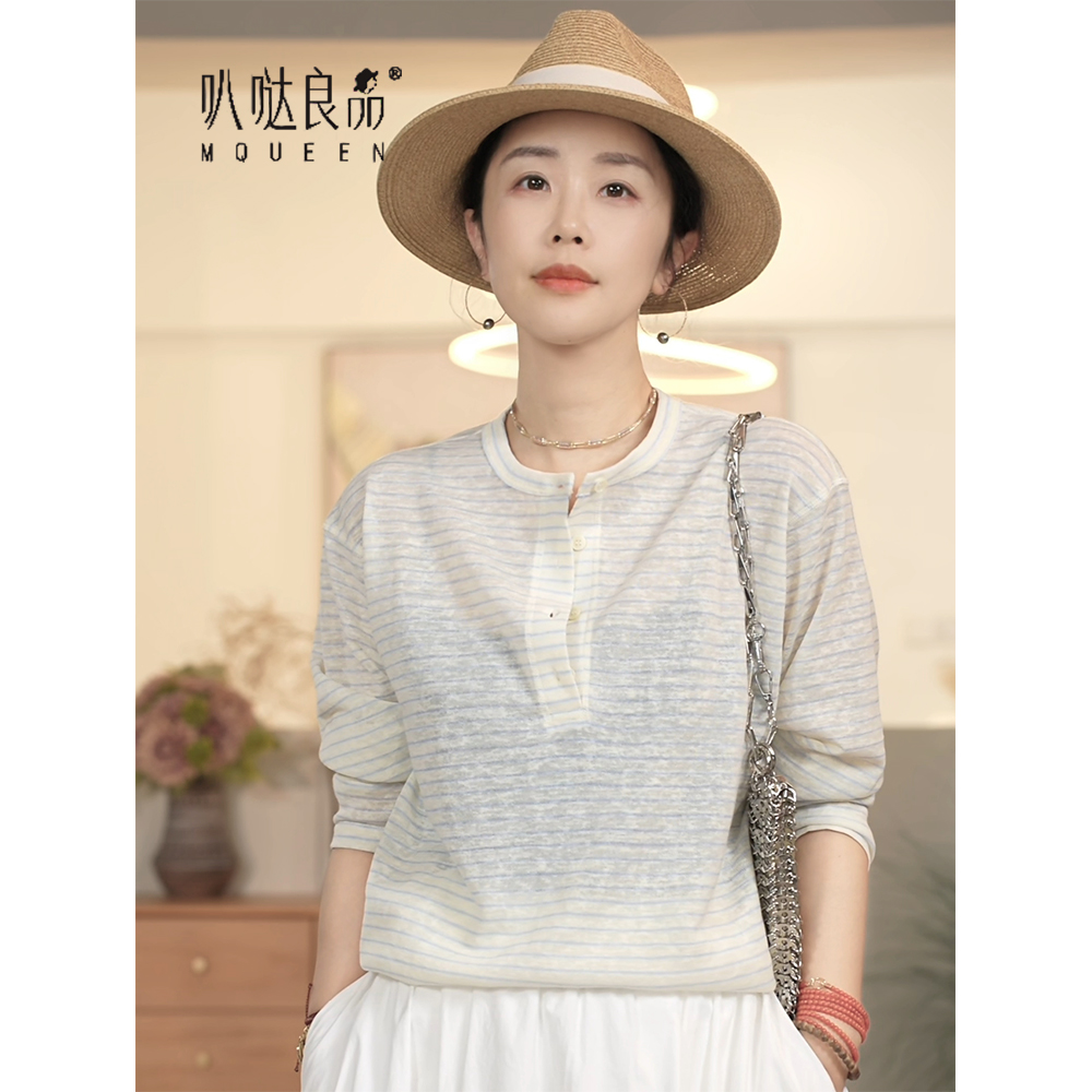 亚麻棉圆领针织衫打底上衣女春夏