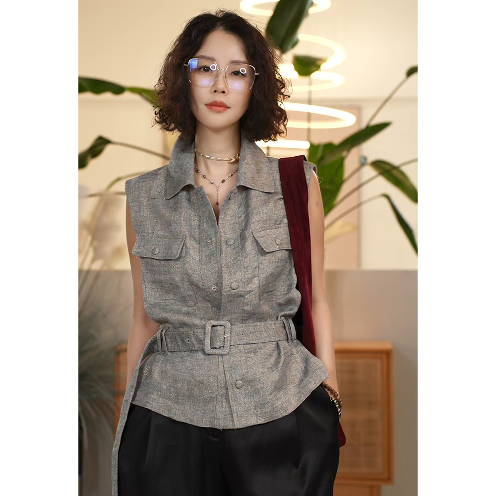 X【叭哒不惑】云雾 亚麻翻领复古无袖马甲上衣女时尚百搭休闲