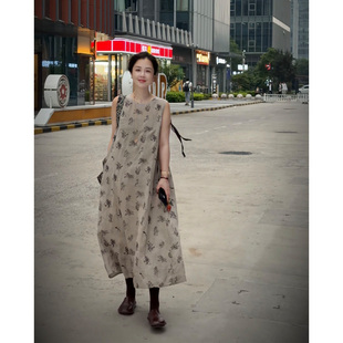 X【叭哒不惑】亚麻时尚百搭印花圆领无袖连衣裙