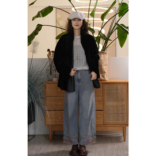 Y【叭哒不惑】绣游裤 棉水洗复古牛仔裤女高级感国风刺绣阔腿裤