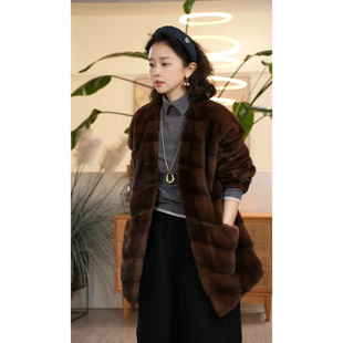 紫标水貂毛中长款 热美式 舒适保暖口袋百搭外套皮草 叭哒不惑