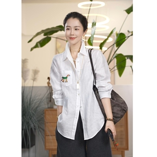 Y【叭哒不惑】经典简约刺绣小马亚麻衬衫宽松百搭时尚气质
