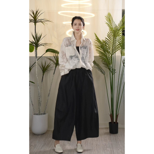 叭哒不惑 女裤 破格 松紧腰摆阔腿裤 桑蚕丝龟裂纹香云纱剑道裤