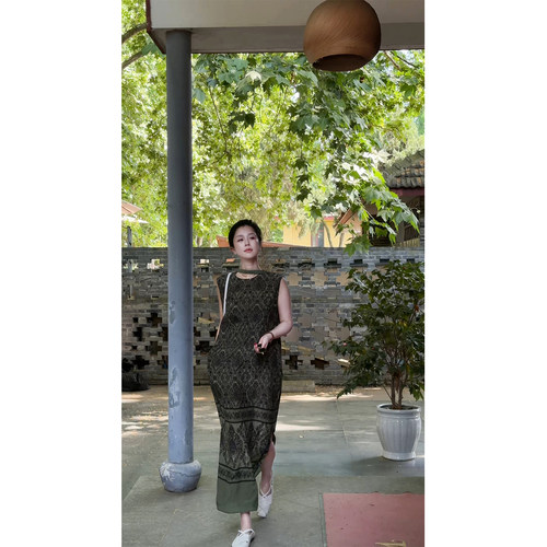 X【叭哒不惑】橄榄诗 桑蚕丝圆领复古印花无袖气质女背心连衣裙