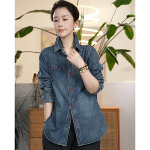 Y【叭哒不惑】旧蓝 经典气质牛仔衬衫复古撞色上衣外套百搭时尚