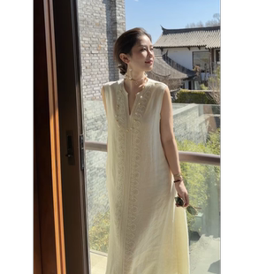 Y【叭哒不惑】白月光  亚麻气质长裙简约复古无袖连衣裙刺绣百搭