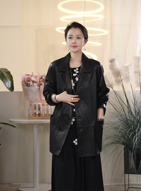 X【叭哒不惑】酷girl 羊皮帅气英伦复古翻领皮衣高级感夹克外套春