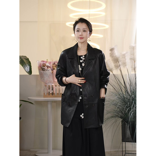 X【叭哒不惑】酷girl 羊皮帅气英伦复古翻领皮衣高级感夹克外套春