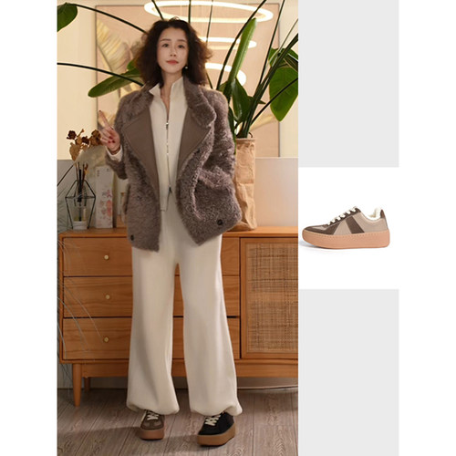 Y【叭哒不惑】丝光牛反绒羊毛复古拼色设计德训鞋女时尚休闲