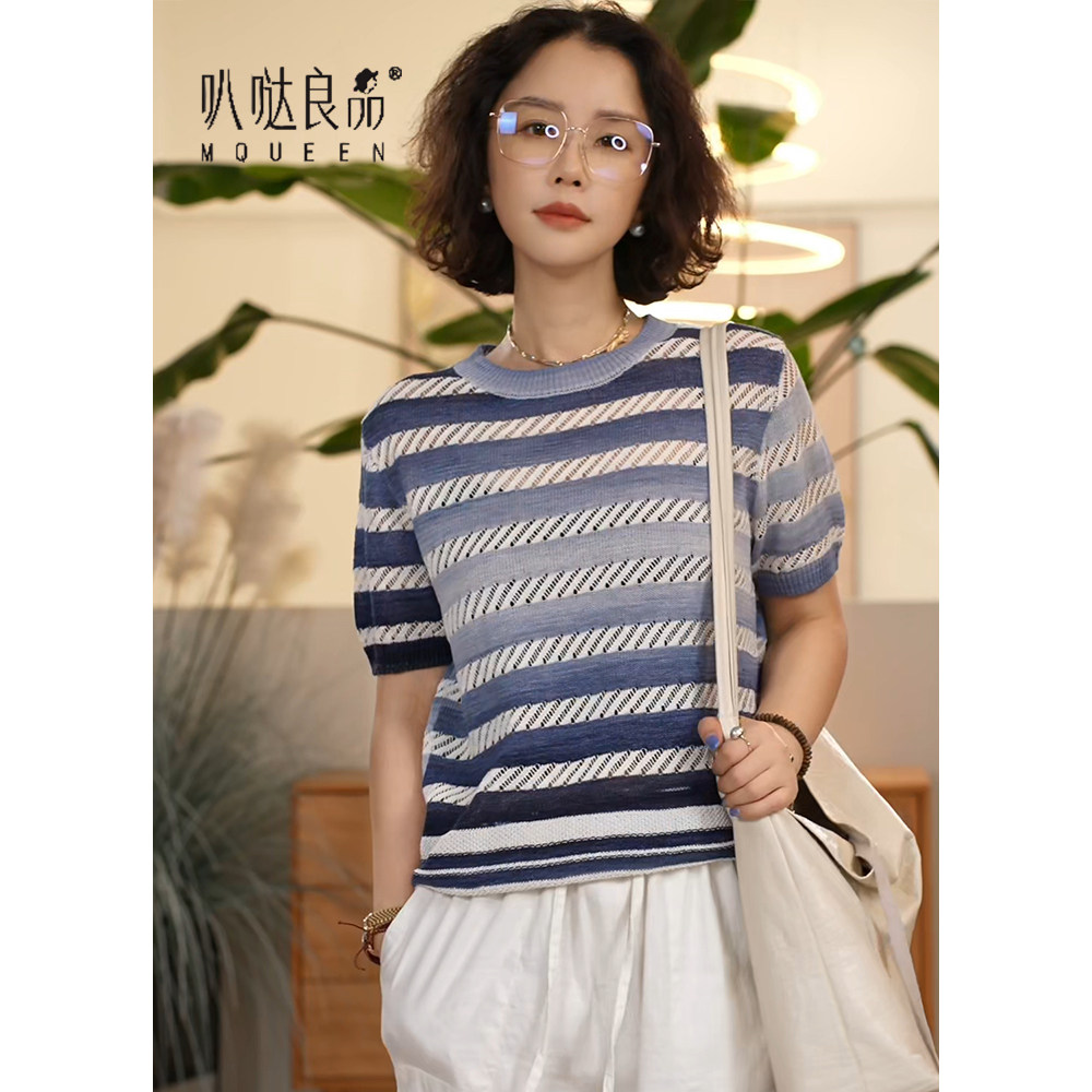 X【叭哒不惑】蓝海之约 棉和纸夏季条纹短袖圆领针织减龄T恤上衣