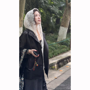 Y【叭哒不惑】梦幻 山羊皮油蜡蕾丝设计感中长款皮衣女百搭外套