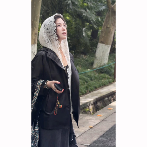 Y【叭哒不惑】梦幻 山羊皮油蜡蕾丝设计感中长款皮衣女百搭外套