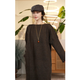 X【叭哒不惑】云谷咖 羊毛复古条纹H型连衣裙女时尚百搭休闲裙子