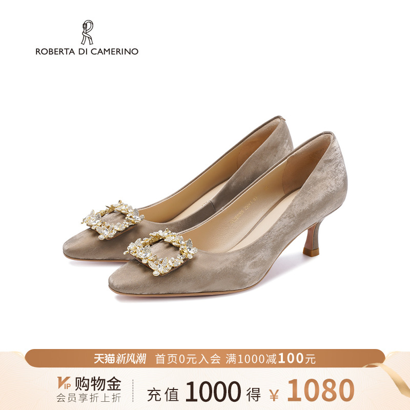 诺贝达2025新款细跟单鞋水钻尖头女鞋法式方扣浅口单鞋RL258208