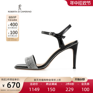 水钻logo鞋 面一字带宴会细跟凉鞋 个性 Roberta诺贝达女鞋 RM249019