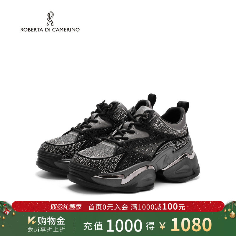 诺贝达2025新款老爹鞋厚底增高水钻女鞋百搭通勤休闲鞋RCA255905