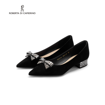 诺贝达羊反绒女单鞋新款蝴蝶结水钻粗跟女鞋百搭浅口单鞋RS257615