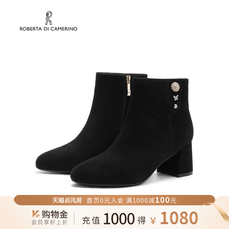 诺贝达冬季新款女靴气质粗跟羊反绒时装靴时尚百搭女短靴RA257608